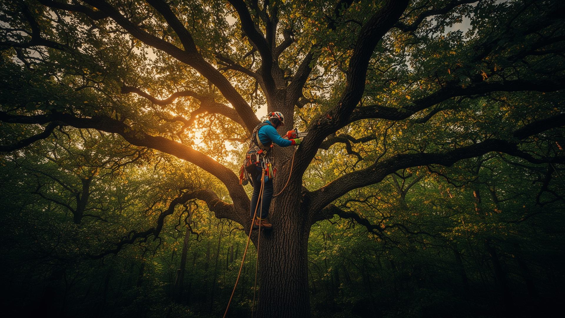 Professional tree-service crew member working high in a tree